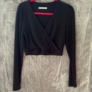 Aritzia Wilfred Black Ribbed Wrap-Front Long Sleeve Top